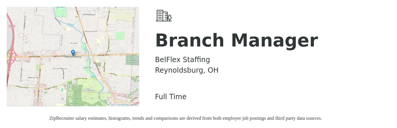 BelFlex Staffing job posting for a Branch Manager in Reynoldsburg, OH with a salary of $52,100 to $78,700 Yearly with a map of Reynoldsburg location.