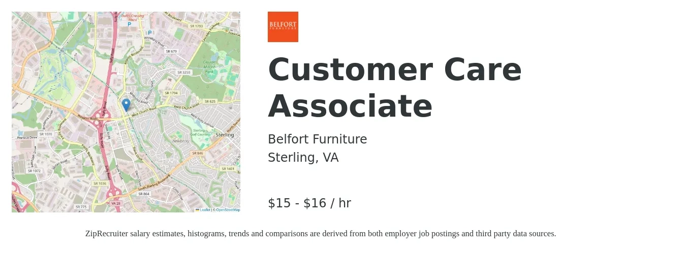 Belfort Furniture job posting for a Customer Care Associate in Sterling, VA with a salary of $16 to $18 Hourly with a map of Sterling location.
