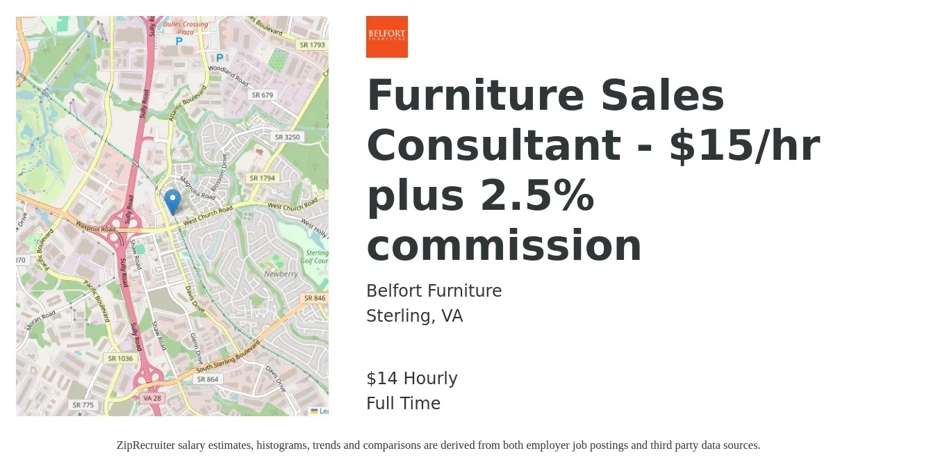 Belfort Furniture job posting for a Furniture Sales Consultant - $15/hr plus 2.5% commission in Sterling, VA with a salary of $15 Hourly with a map of Sterling location.