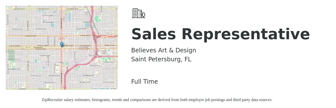 Believes Art & Design job posting for a Sales Representative in Saint Petersburg, FL with a salary of $51,700 to $89,900 Yearly with a map of Saint Petersburg location.