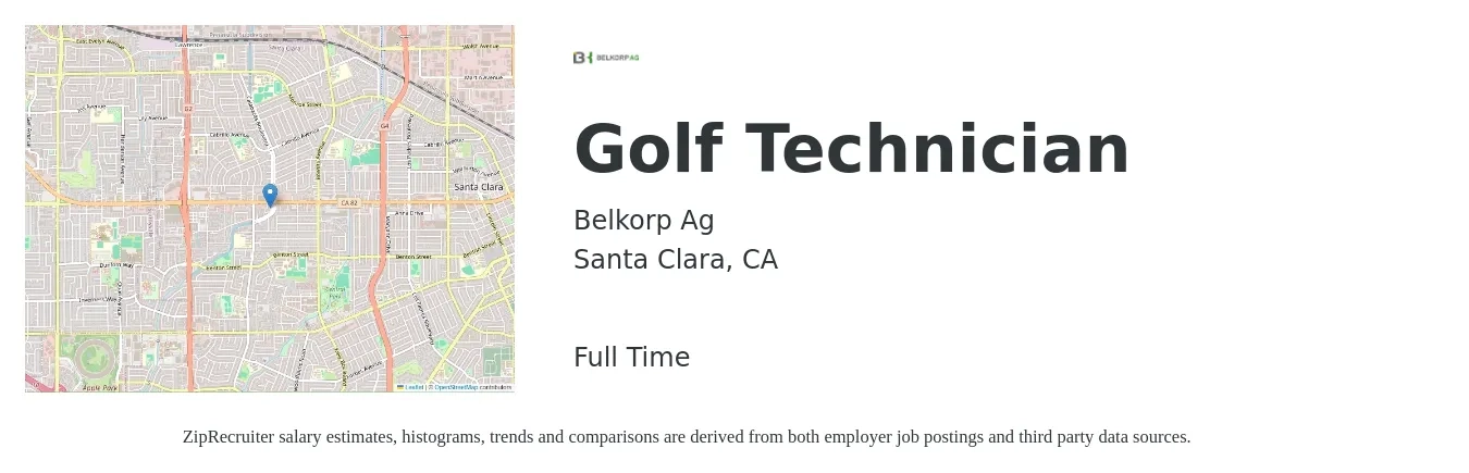 Belkorp Ag job posting for a Golf Technician in Santa Clara, CA with a salary of $30 to $40 Hourly with a map of Santa Clara location.