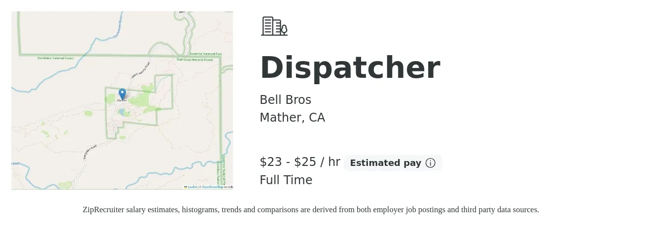 Bell Bros job posting for a Dispatcher in Mather, CA with a salary of $24 to $27 Hourly with a map of Mather location.