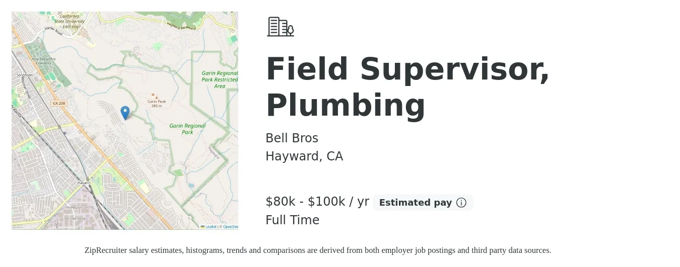 Bell Bros job posting for a Field Supervisor, Plumbing in Hayward, CA with a salary of $80,000 to $100,000 Yearly with a map of Hayward location.
