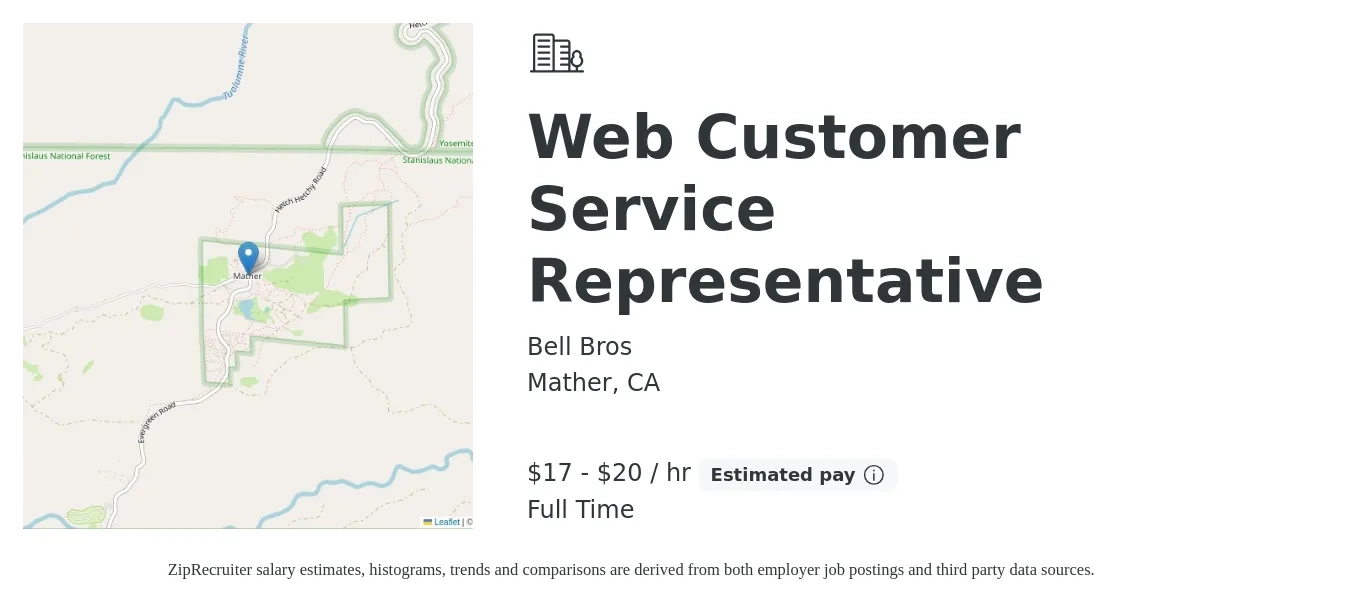 Bell Bros job posting for a Web Customer Service Representative in Mather, CA with a salary of $18 to $21 Hourly with a map of Mather location.