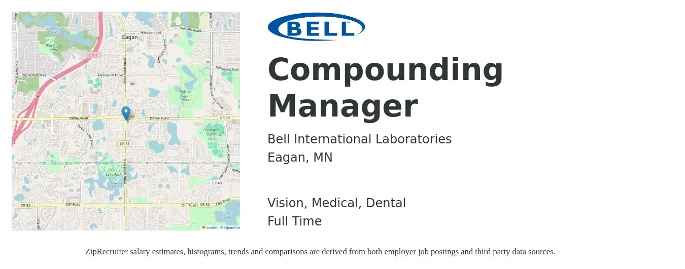 Bell International Laboratories job posting for a Compounding Manager in Eagan, MN with a salary of $75,000 to $102,000 Yearly and benefits including dental, life_insurance, medical, pto, retirement, and vision with a map of Eagan location.