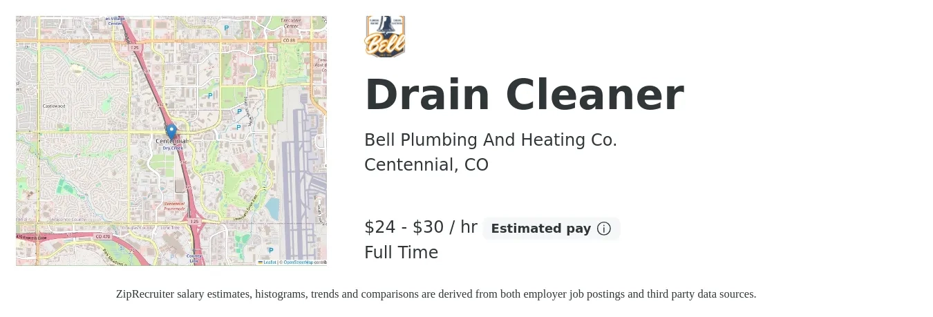 Bell Plumbing And Heating Co. job posting for a Drain Cleaner in Centennial, CO with a salary of $25 to $32 Hourly with a map of Centennial location.