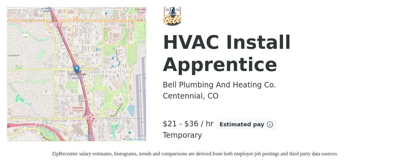 Bell Plumbing And Heating Co. job posting for a HVAC Install Apprentice in Centennial, CO with a salary of $22 to $38 Hourly with a map of Centennial location.