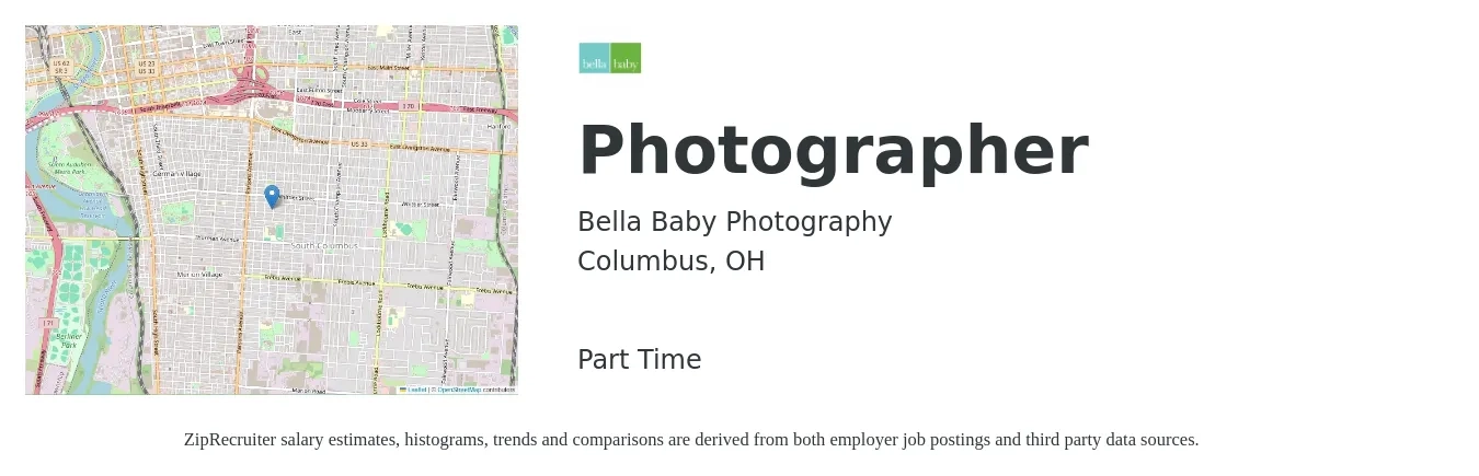 Bella Baby Photography job posting for a Photographer in Columbus, OH with a salary of $14 to $20 Hourly with a map of Columbus location.