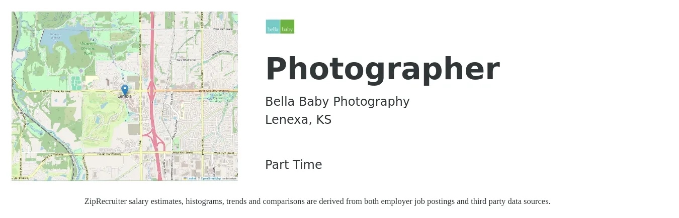 Bella Baby Photography job posting for a Photographer in Lenexa, KS with a salary of $14 to $20 Hourly with a map of Lenexa location.