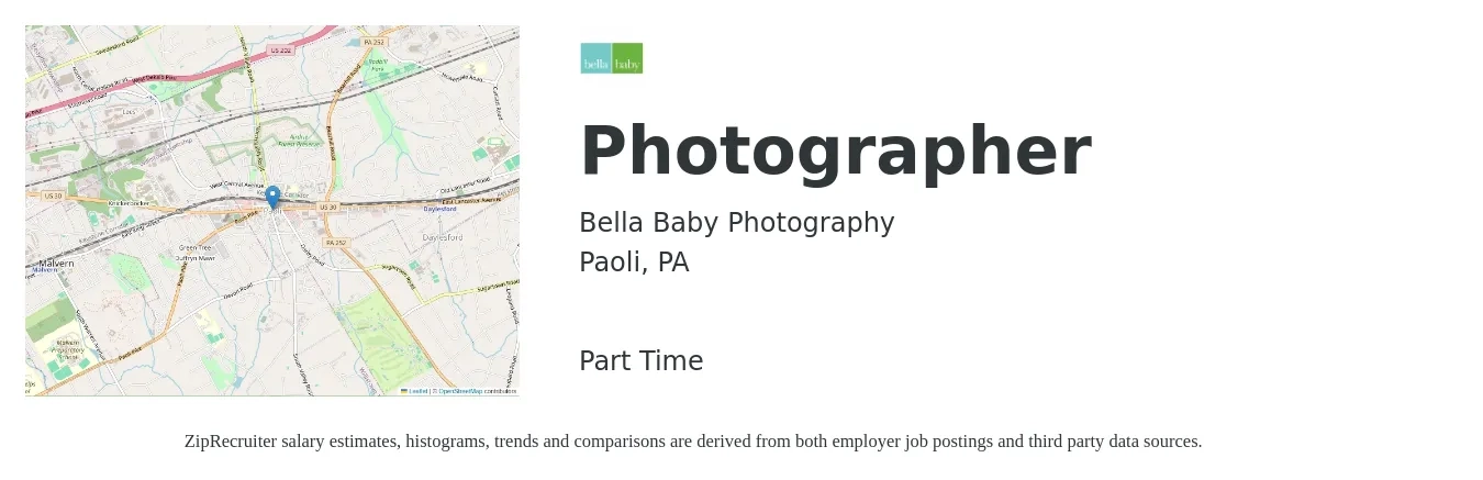 Bella Baby Photography job posting for a Photographer in Paoli, PA with a salary of $16 to $22 Hourly with a map of Paoli location.