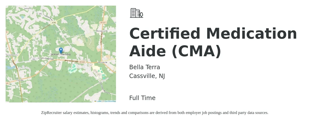 Bella Terra job posting for a Certified Medication Aide (CMA) in Cassville, NJ with a salary of $16 to $20 Hourly with a map of Cassville location.