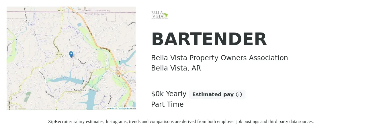 Bella Vista Property Owners Association job posting for a BARTENDER in Bella Vista, AR with a salary of $6 Yearly with a map of Bella Vista location.