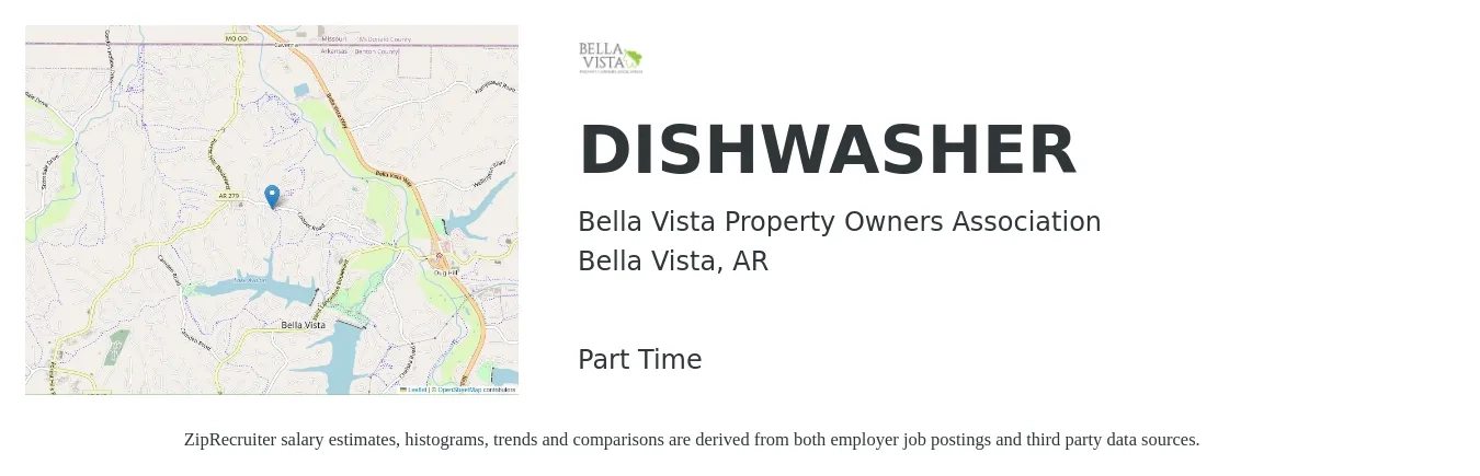 Bella Vista Property Owners Association job posting for a DISHWASHER in Bella Vista, AR with a salary of $12 to $15 Hourly with a map of Bella Vista location.