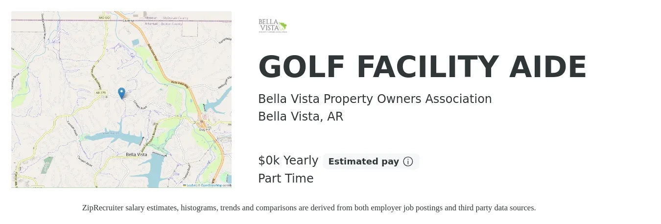 Bella Vista Property Owners Association job posting for a GOLF FACILITY AIDE in Bella Vista, AR with a salary of $11 to $12 Yearly with a map of Bella Vista location.