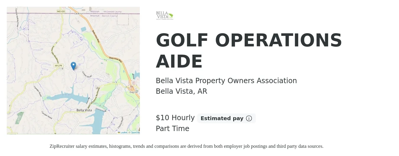 Bella Vista Property Owners Association job posting for a GOLF OPERATIONS AIDE in Bella Vista, AR with a salary of $11 to $12 Hourly with a map of Bella Vista location.