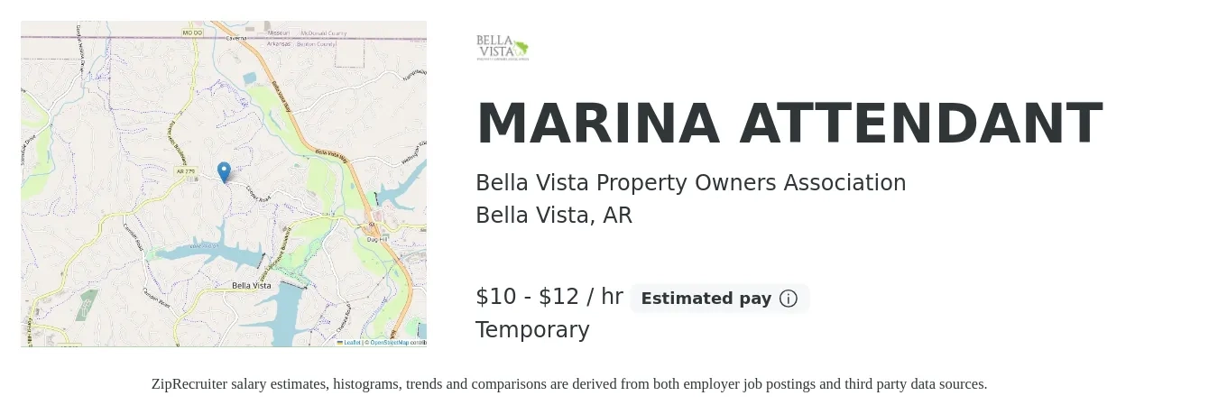 Bella Vista Property Owners Association job posting for a MARINA ATTENDANT in Bella Vista, AR with a salary of $11 to $13 Hourly with a map of Bella Vista location.