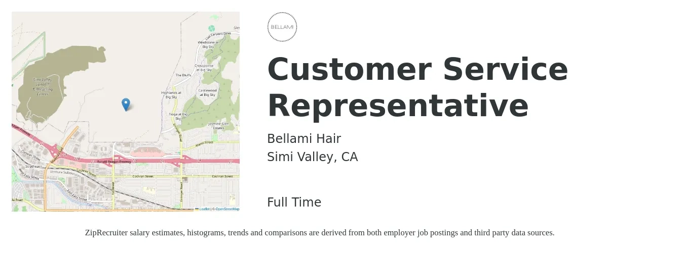 Bellami Hair job posting for a Customer Service Representative in Simi Valley, CA with a salary of $16 to $22 Hourly with a map of Simi Valley location.