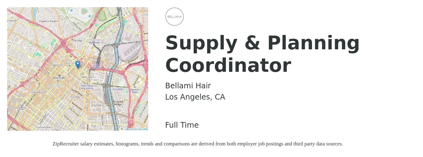 Bellami Hair job posting for a Supply & Planning Coordinator in Los Angeles, CA with a salary of $23 to $34 Hourly with a map of Los Angeles location.