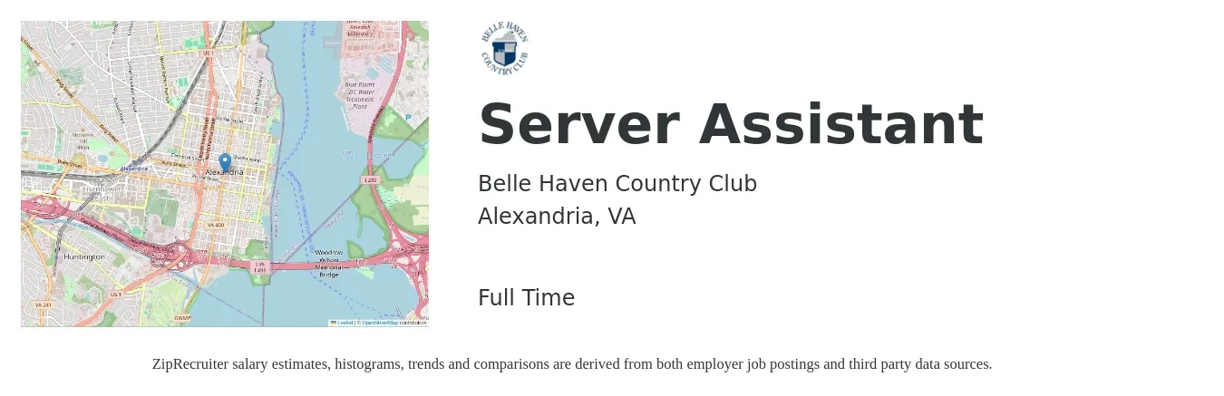 Belle Haven Country Club job posting for a Server Assistant in Alexandria, VA with a salary of $12 to $14 Hourly with a map of Alexandria location.