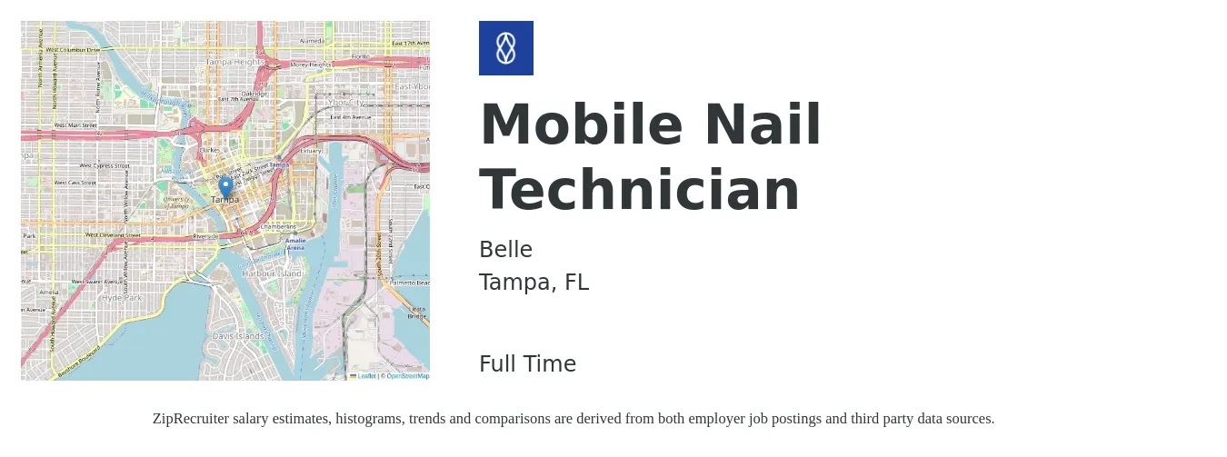Belle job posting for a Mobile Nail Technician in Tampa, FL with a salary of $21 Hourly with a map of Tampa location.