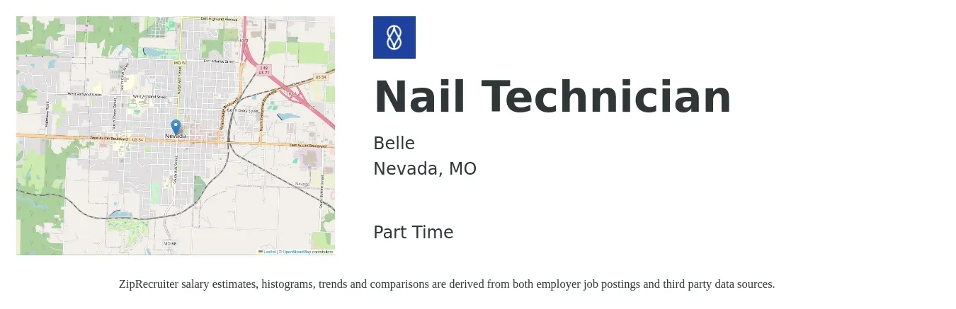 Belle job posting for a Nail Technician in Nevada, MO with a salary of $21 Hourly with a map of Nevada location.
