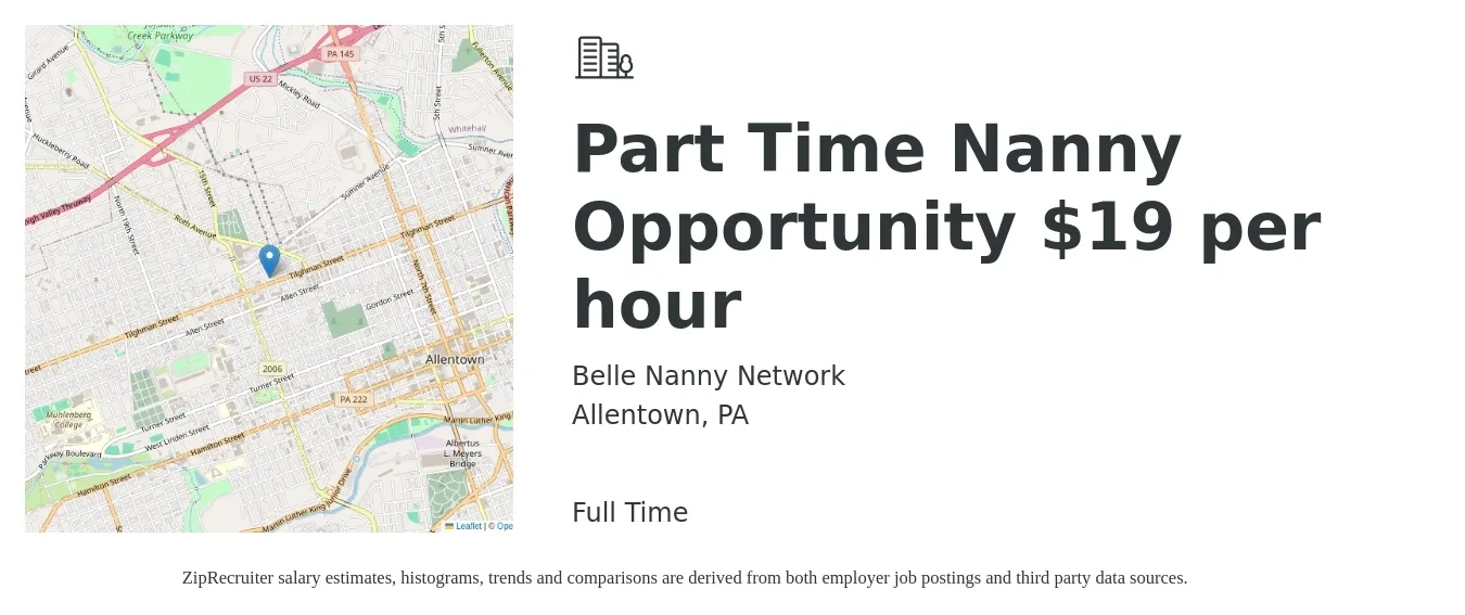 Belle Nanny Network job posting for a Part Time Nanny Opportunity $19 per hour in Allentown, PA with a salary of $19 Hourly with a map of Allentown location.