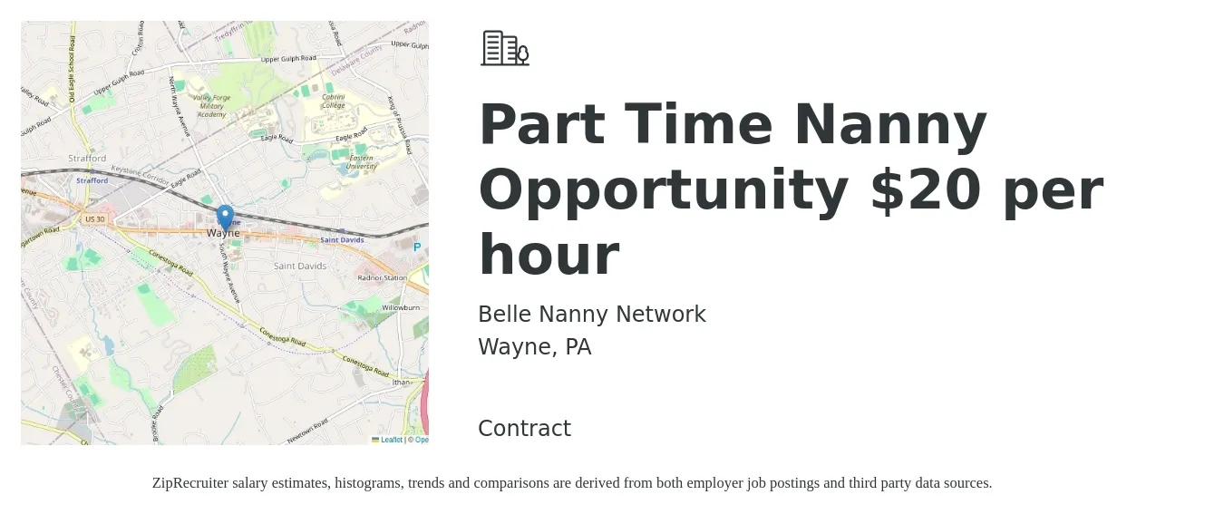 Belle Nanny Network job posting for a Part Time Nanny Opportunity $20 per hour in Wayne, PA with a salary of $20 Hourly with a map of Wayne location.