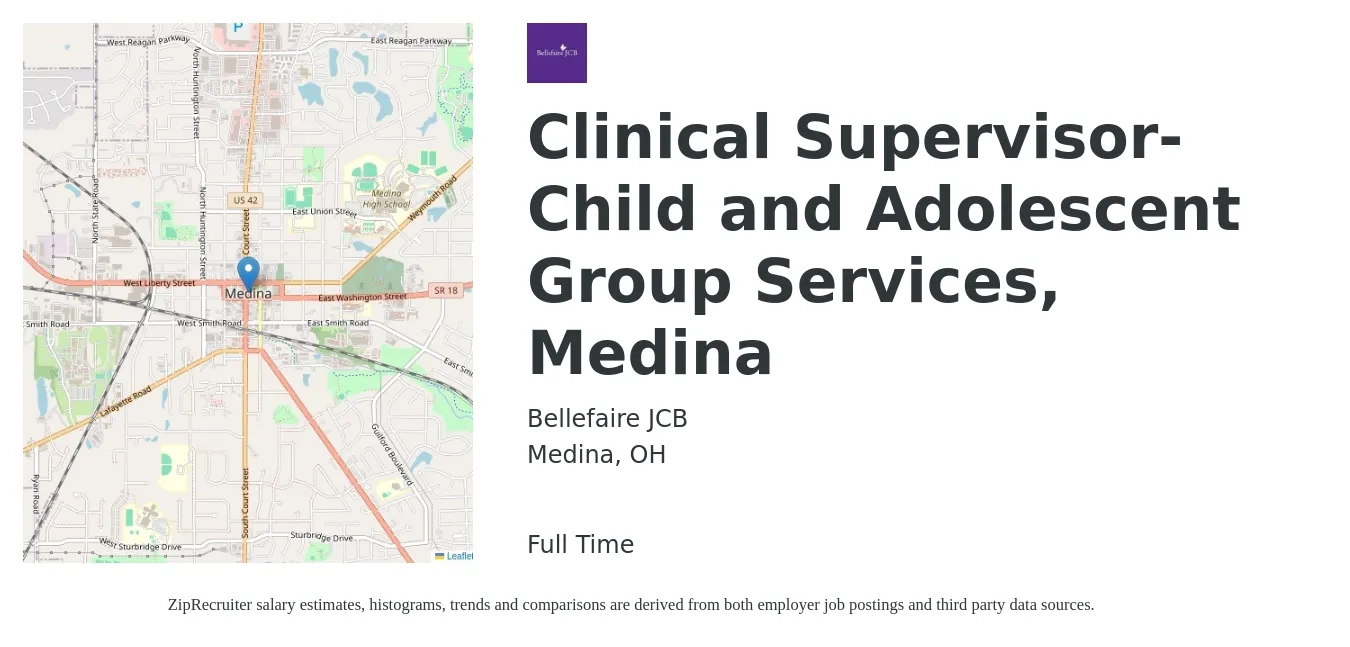 Bellefaire JCB job posting for a Clinical Supervisor- Child and Adolescent Group Services, Medina in Medina, OH with a salary of $60,000 Yearly with a map of Medina location.