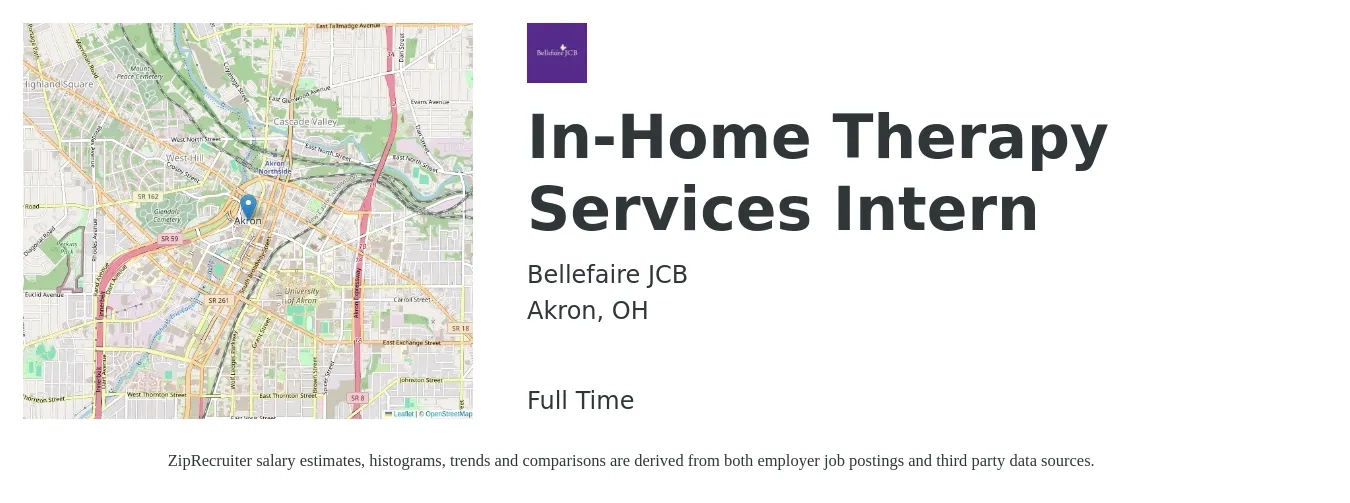 Bellefaire JCB job posting for a In-Home Therapy Services Intern in Akron, OH with a map of Akron location.