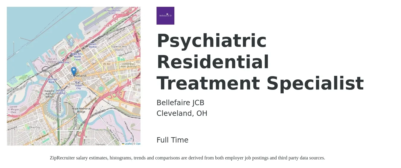 Bellefaire JCB job posting for a Psychiatric Residential Treatment Specialist in Cleveland, OH with a salary of $20 Hourly with a map of Cleveland location.
