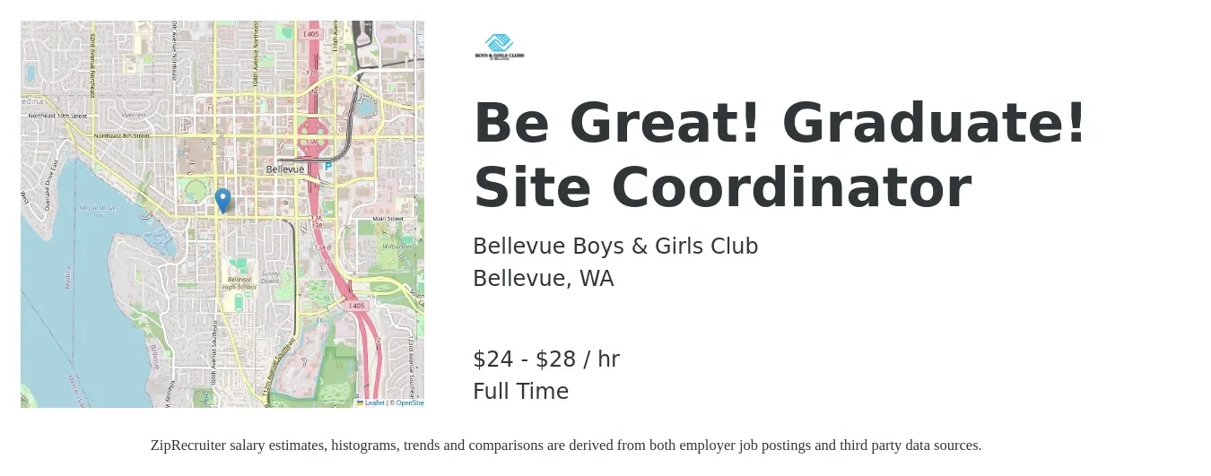 Bellevue Boys & Girls Club job posting for a Be Great! Graduate! Site Coordinator in Bellevue, WA with a salary of $25 to $30 Hourly with a map of Bellevue location.