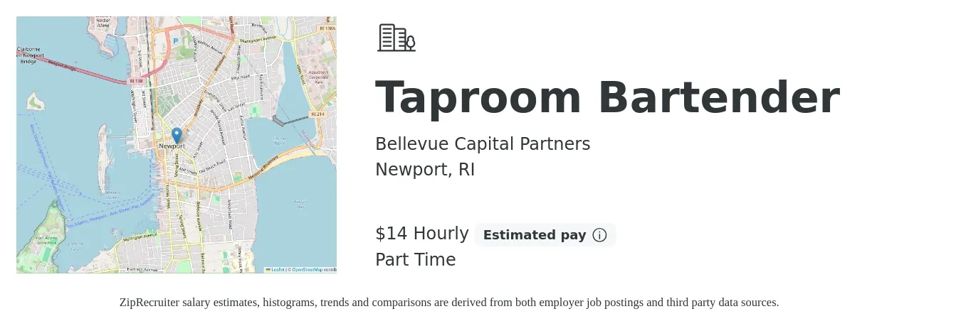 Bellevue Capital Partners job posting for a Taproom Bartender in Newport, RI with a salary of $15 Hourly with a map of Newport location.