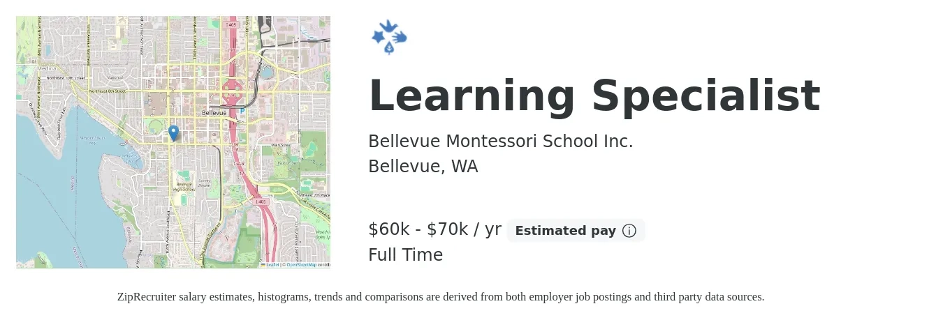 Bellevue Montessori School Inc. job posting for a Learning Specialist in Bellevue, WA with a salary of $60,000 to $70,000 Yearly with a map of Bellevue location.
