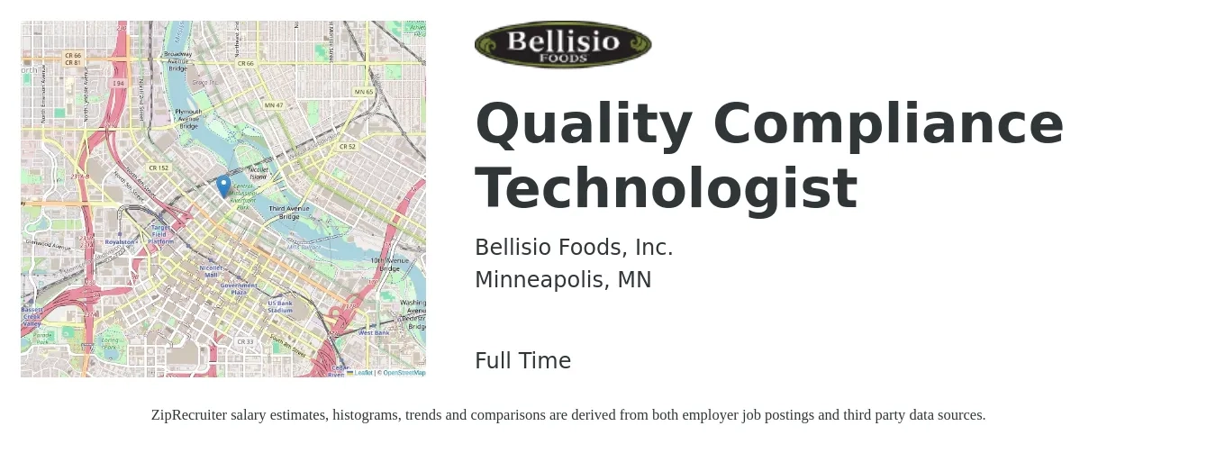 Bellisio Foods, Inc. job posting for a Quality Compliance Technologist in Minneapolis, MN with a salary of $20 to $25 Hourly with a map of Minneapolis location.