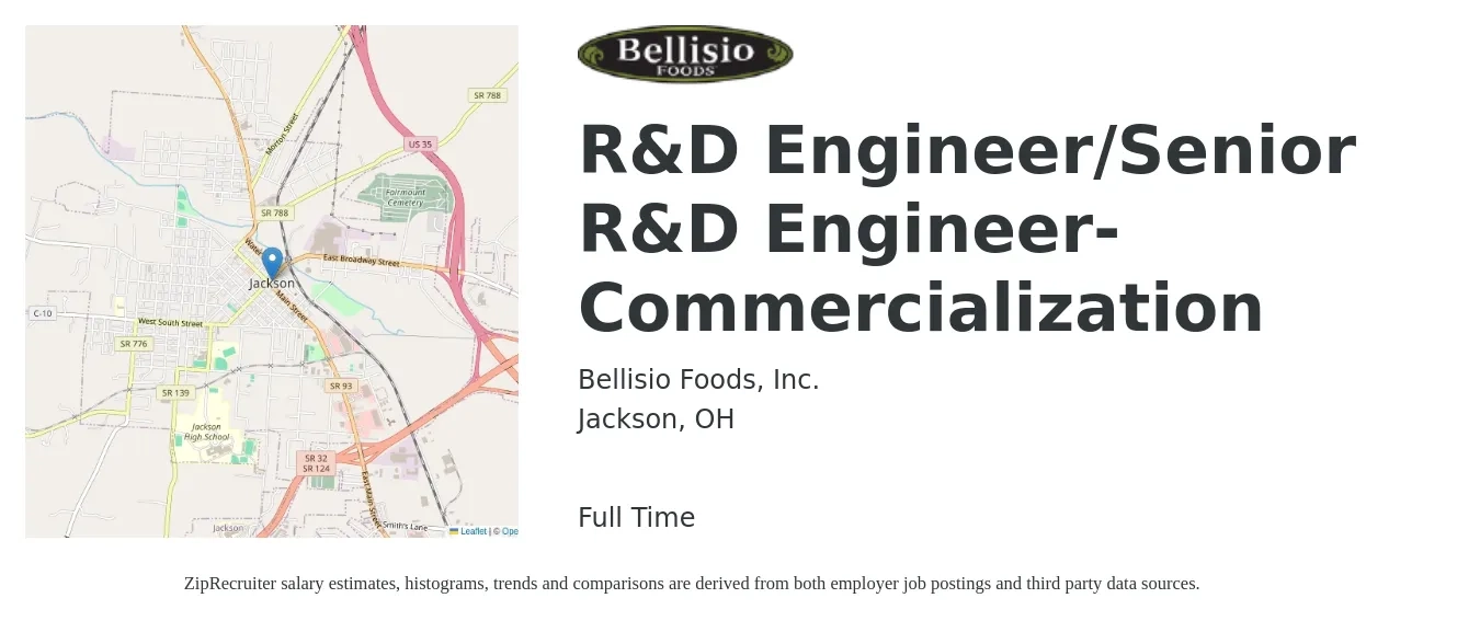 Bellisio Foods, Inc. job posting for a R&D Engineer/Senior R&D Engineer- Commercialization in Jackson, OH with a salary of $81,600 to $112,100 Yearly with a map of Jackson location.