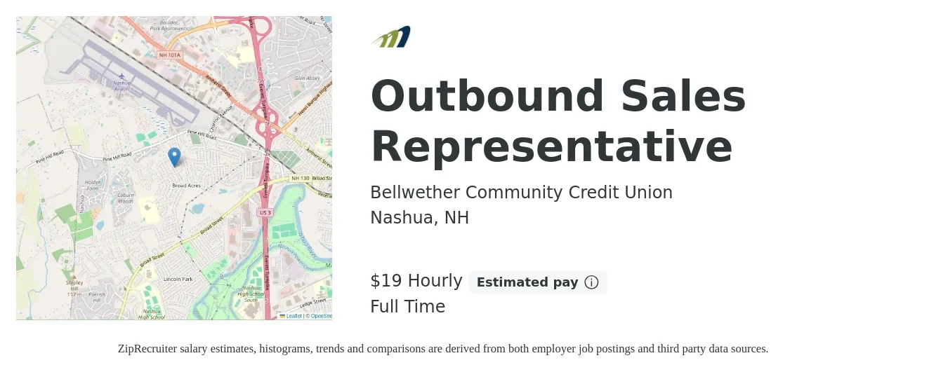 Bellwether Community Credit Union job posting for a Outbound Sales Representative in Nashua, NH with a salary of $20 Hourly with a map of Nashua location.