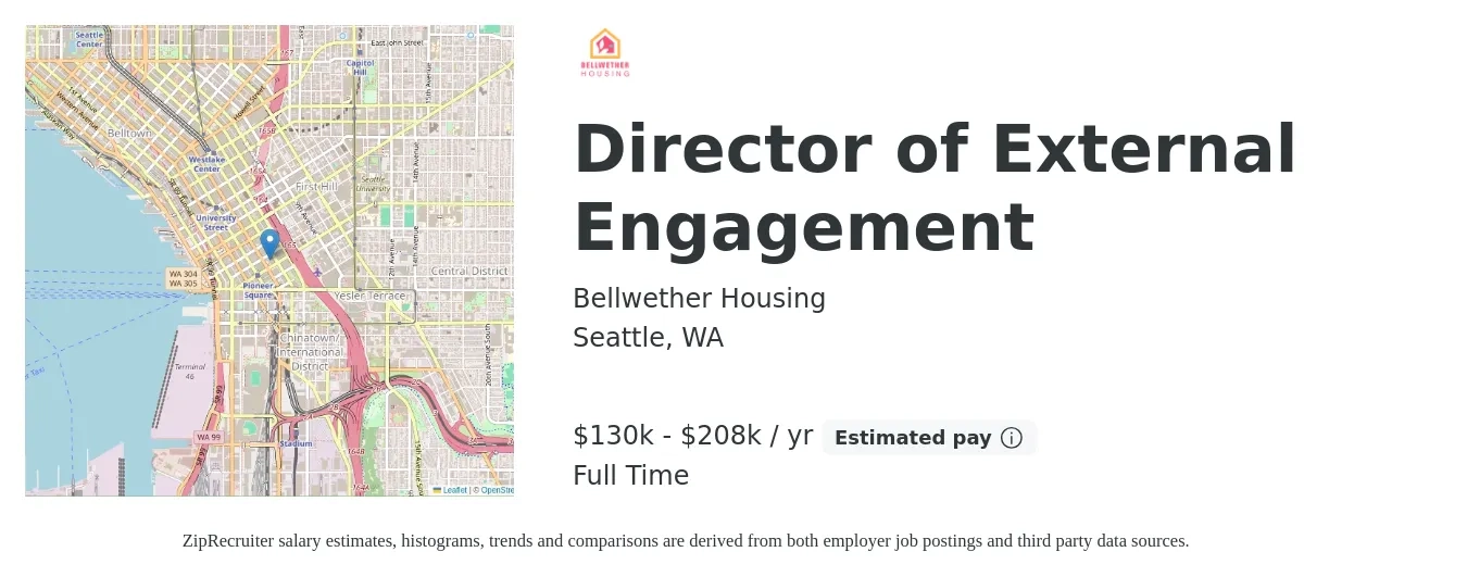 BELLWETHER HOUSING job posting for a Director of External Engagement in Seattle, WA with a salary of $130,453 to $208,684 Yearly with a map of Seattle location.