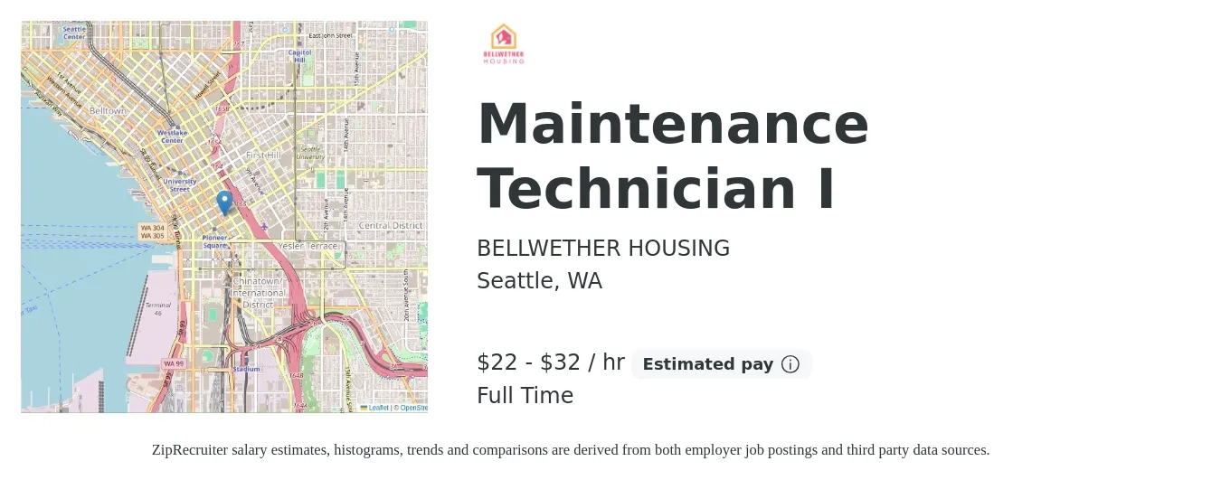 BELLWETHER HOUSING job posting for a Maintenance Technician I in Seattle, WA with a salary of $24 to $33 Hourly with a map of Seattle location.