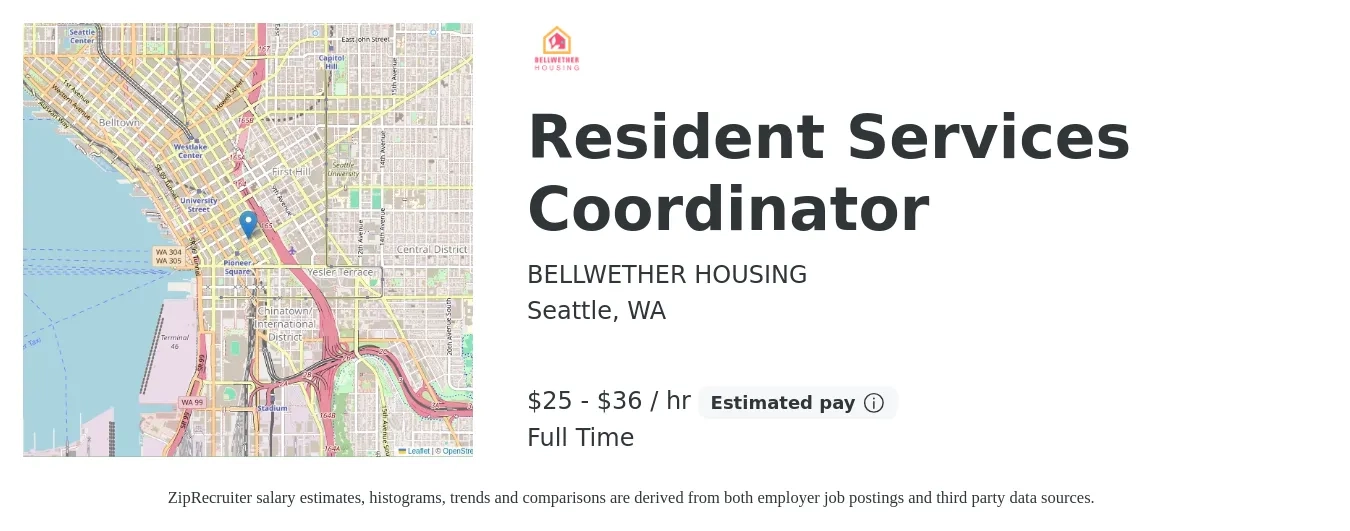 BELLWETHER HOUSING job posting for a Resident Services Coordinator in Seattle, WA with a salary of $26 to $38 Hourly with a map of Seattle location.