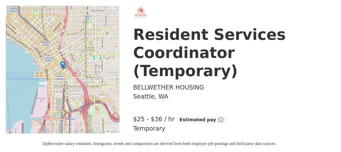 BELLWETHER HOUSING job posting for a Resident Services Coordinator (Temporary) in Seattle, WA with a salary of $26 to $38 Hourly with a map of Seattle location.