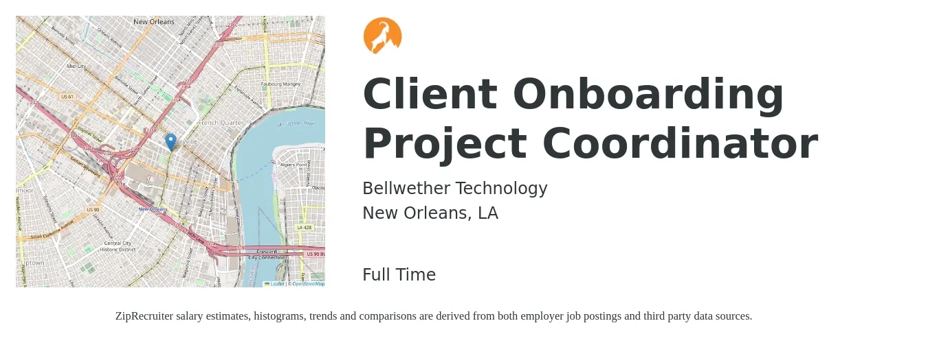 Bellwether Technology job posting for a Client Onboarding Project Coordinator in New Orleans, LA with a salary of $20 to $26 Hourly with a map of New Orleans location.