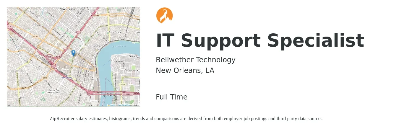 Bellwether Technology job posting for a IT Support Specialist in New Orleans, LA with a salary of $44,700 to $90,400 Yearly with a map of New Orleans location.