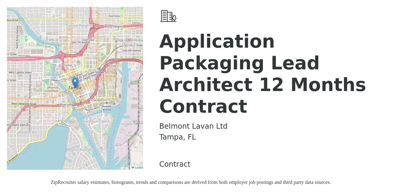 Belmont Lavan Ltd job posting for a Application Packaging Lead Architect 12 Months Contract in Tampa, FL with a salary of $140,300 to $166,800 Yearly with a map of Tampa location.