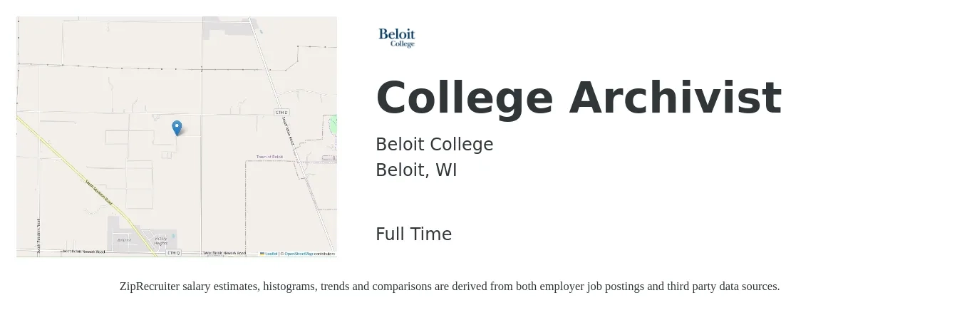 Beloit College job posting for a College Archivist in Beloit, WI with a salary of $51,700 to $79,200 Yearly with a map of Beloit location.