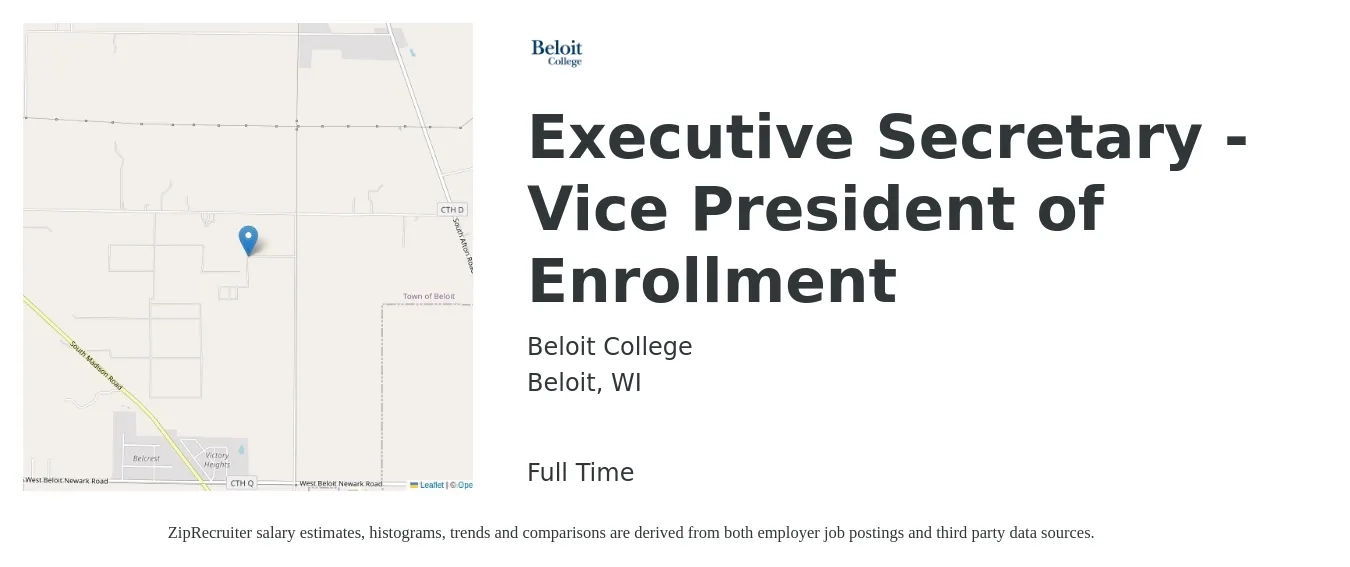 Beloit College job posting for a Executive Secretary - Vice President of Enrollment in Beloit, WI with a salary of $20 to $28 Hourly with a map of Beloit location.