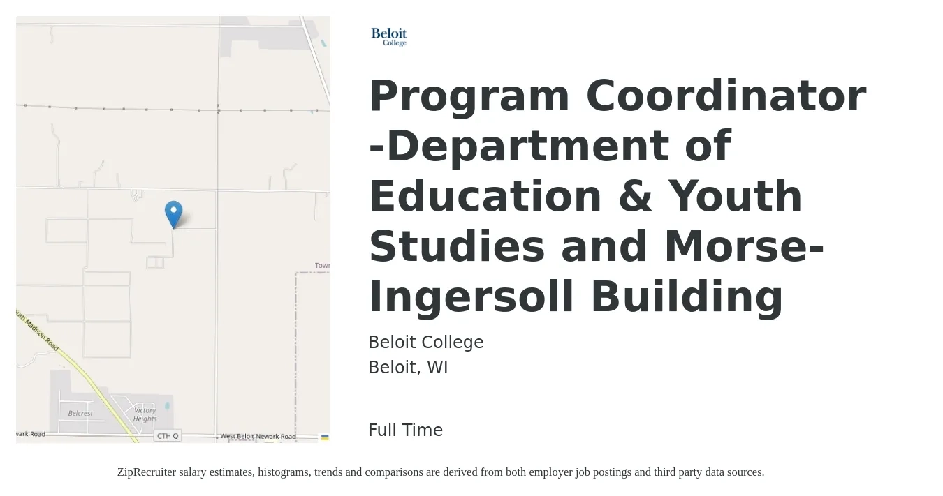 Beloit College job posting for a Program Coordinator -Department of Education & Youth Studies and Morse-Ingersoll Building in Beloit, WI with a salary of $43,600 to $62,100 Yearly with a map of Beloit location.