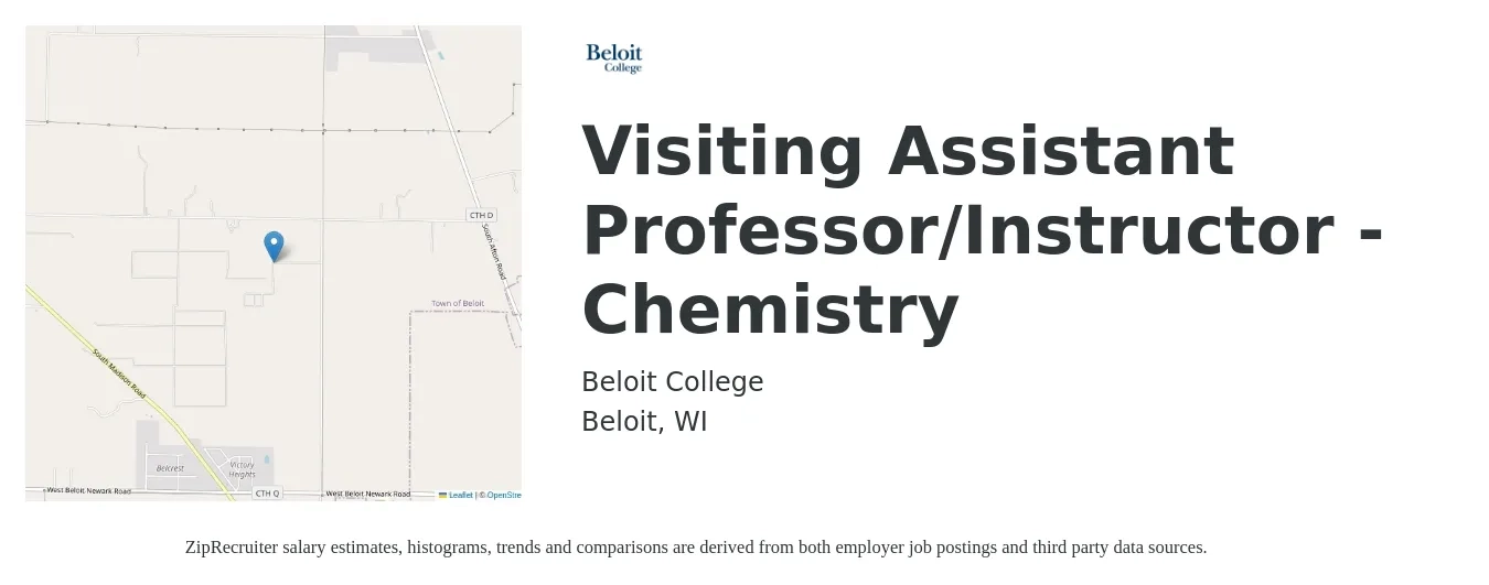 Beloit College job posting for a Visiting Assistant Professor/Instructor - Chemistry in Beloit, WI with a salary of $56,900 to $86,800 Yearly with a map of Beloit location.