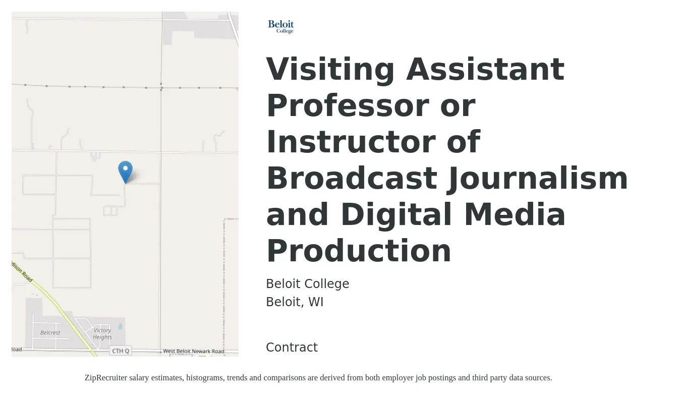 Beloit College job posting for a Visiting Assistant Professor or Instructor of Broadcast Journalism and Digital Media Production in Beloit, WI with a salary of $56,900 to $86,800 Yearly with a map of Beloit location.