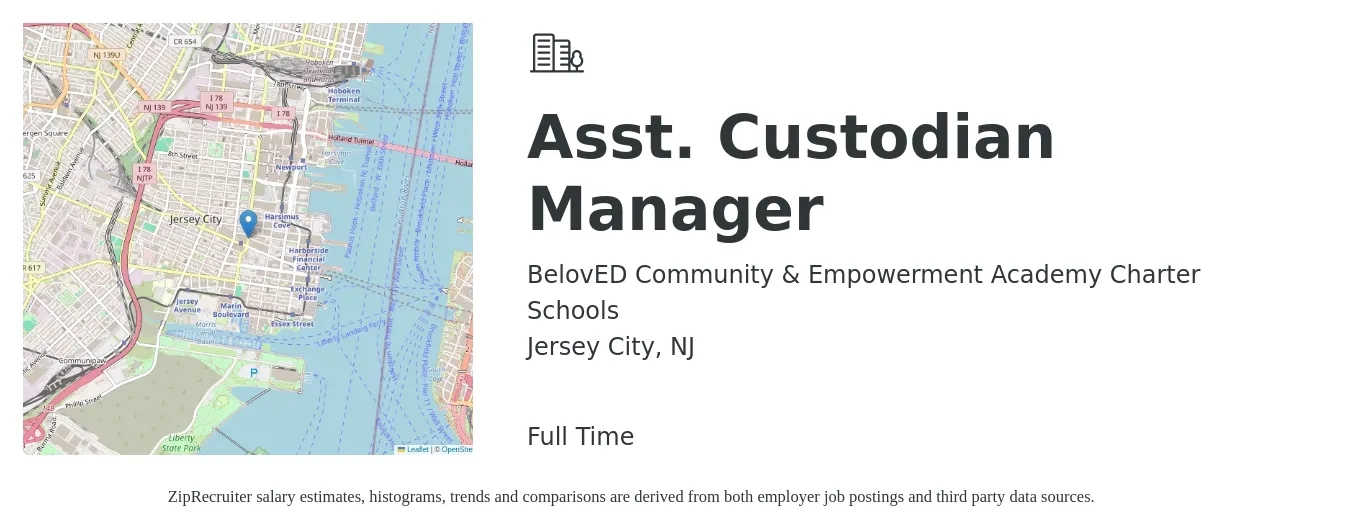 BelovED Community & Empowerment Academy Charter Schools job posting for a Asst. Custodian Manager in Jersey City, NJ with a salary of $16 to $20 Hourly with a map of Jersey City location.