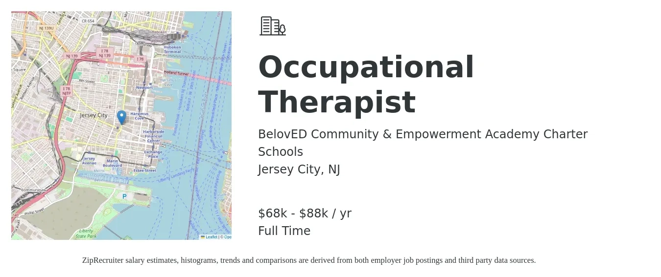 BelovED Community & Empowerment Academy Charter Schools job posting for a Occupational Therapist in Jersey City, NJ with a salary of $68,000 to $88,000 Yearly with a map of Jersey City location.
